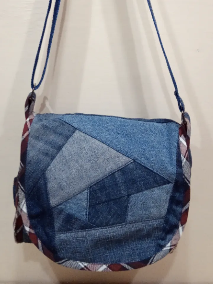 Shoulder denim handbag . Handmade bag, recycled jeans bag, crossbody bag with a crazy pechwork flap