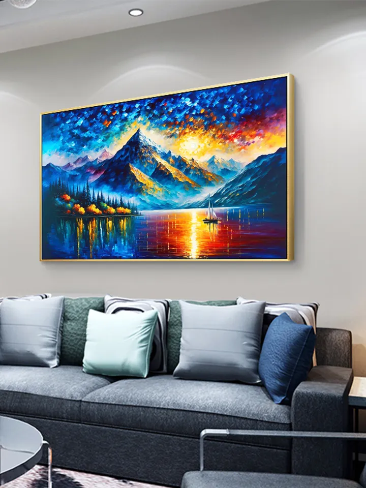 Large Original Mountain Scenery Oil Painting On Canvas, Abstract Lake View Painting, Colorful Landscape, Custom Painting, Bedroom Wall Art
