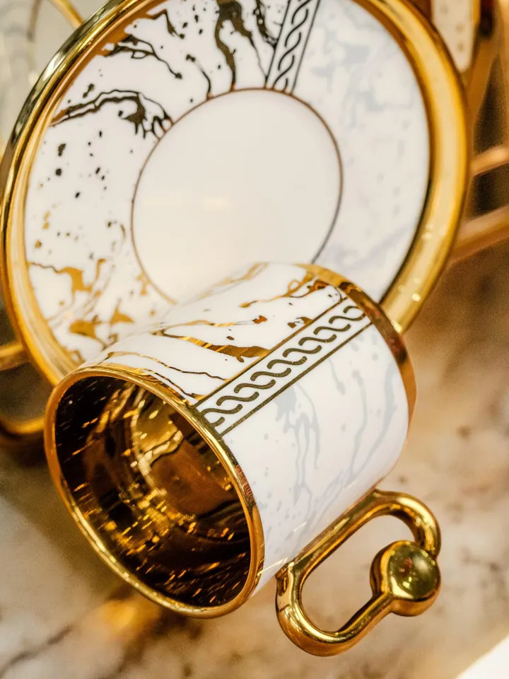 14K Genuine Gold Powder Porcelain Tea Cups And Saucers | Tea Cups Saucers Set | Gold Porcelain Set | Elegant Teaware | Gift For Tea Lovers