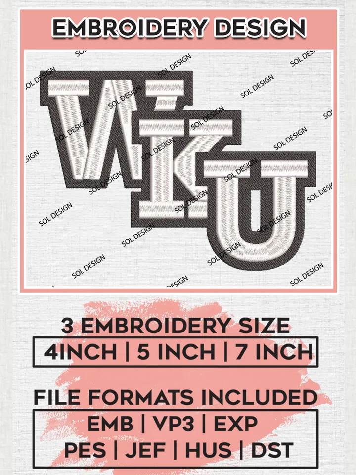 NCAA WKU Team Wordmark Logo Embroidery Design Files, NCAA Western Kentucky Hilltoppers Machine Embroidery, NCAA Teams, Game Day, 3 sizes, NCAA Machine embroidery designs, Digital Download