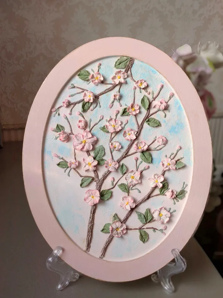 Mother's Day gift Oval painting with cherry blossoms in pink frame Sakura painting Floral painting