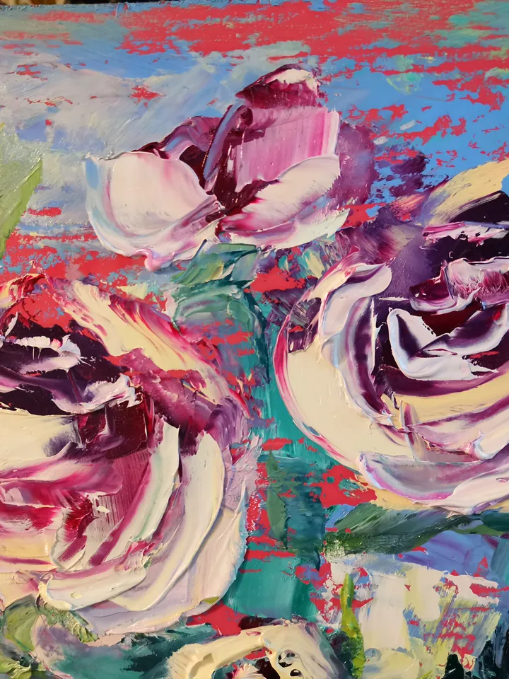 Oil Painting Flower Pink Roses Bushes Impasto Original Artist Svinar Oksana