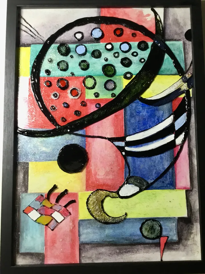 Abstract Stained glass painting,Kandinsky 1935 year ,fixed.Mix media painting, watercolour and stained glass artwork.