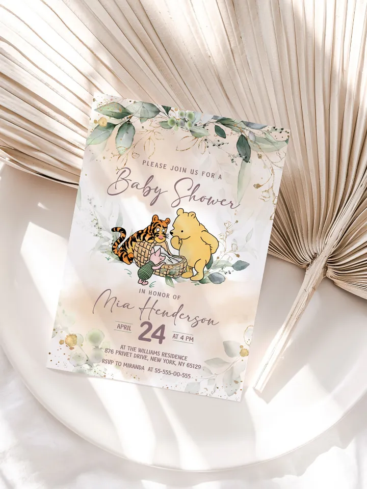 Classic Winnie Pooh Baby Shower Invitation; Pooh Baby Shower Editable Template; Girl Pink Flowers Baby Shower; Baby Shower trend of 2023 wb1