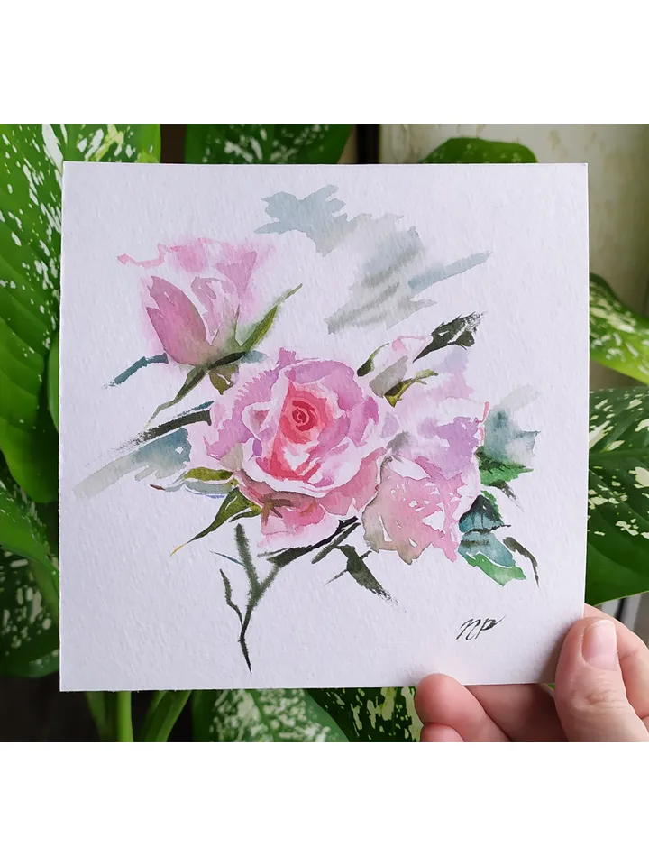 Rose Painting Floral original art 6 by 6 Pink Flower watercolor Pink rose wall art Rose aquarelle by Natalia Plotnikova