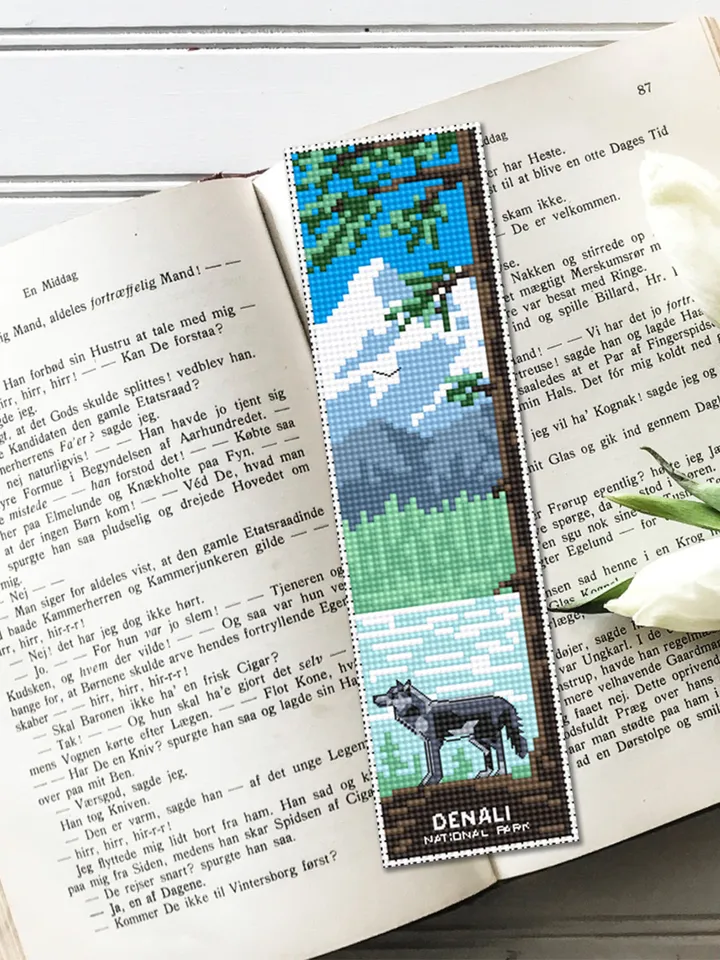 Denali National park bookmark cross stitch pattern PDF download Nature cross stitch chart, Wolf digital bookmark pattern PDF Mountains #B187