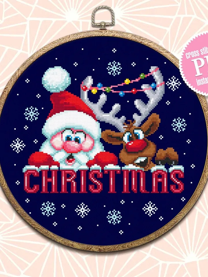 Christmas santa and reindeer cross stitch pattern download PDF Funny deer cross stitch chart, Christmas pattern digital PDF, Home decor #N64