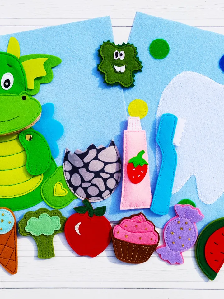 Clean teeth Dino's Quiet book Pattern pdf, Felt book pattern svg, Baby Soft book tutorial, Busy book sewing ideas for kids 2, 3, 4 year old