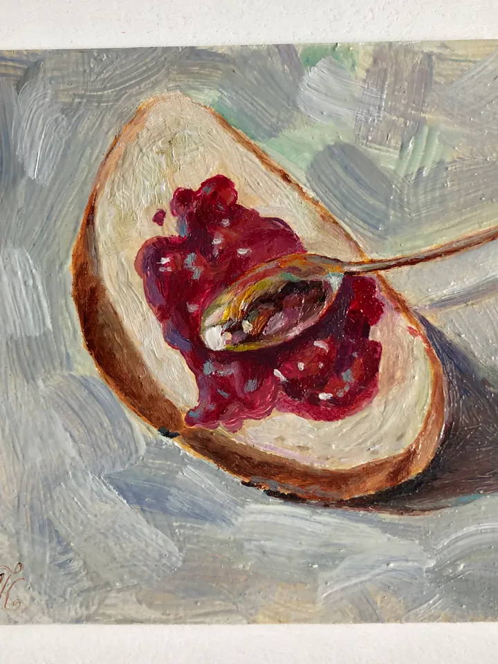 Bun with jam food art modern painting original oil painting art painting 6 x 6 inches