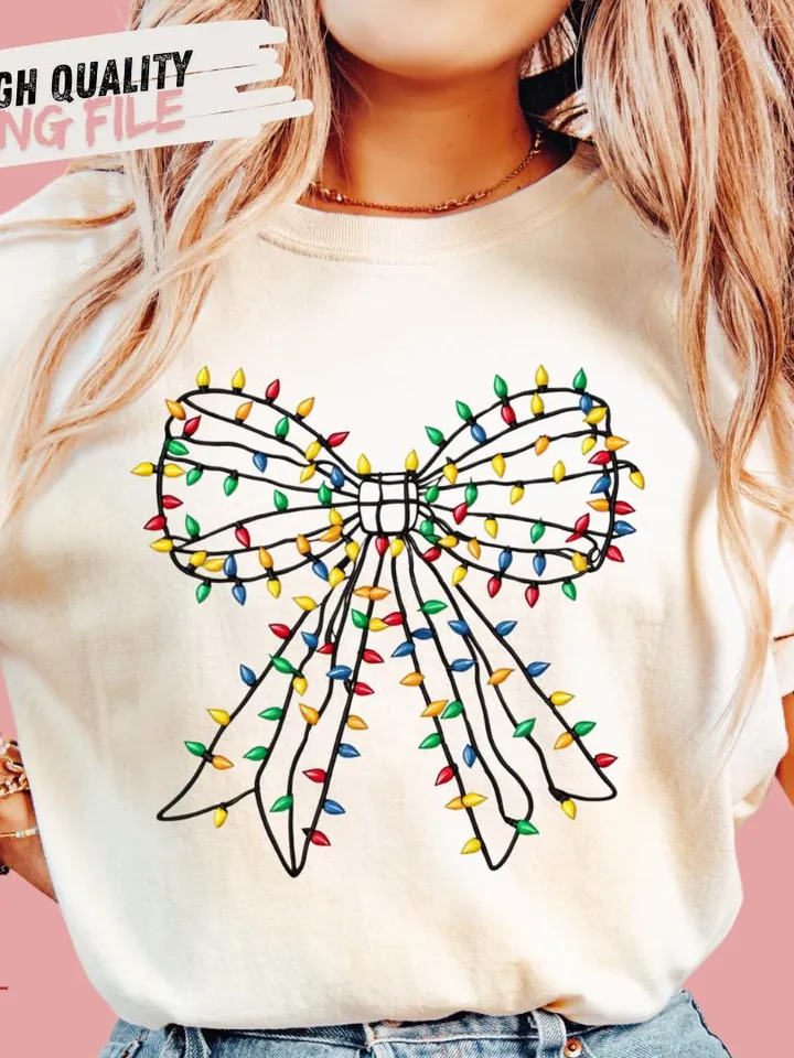 Christmas Light Bow, Christmas Coquette Bow Png Design, Christmas Light Png, Xmas Coquette Bow PNG, Christmas Sublimation Design