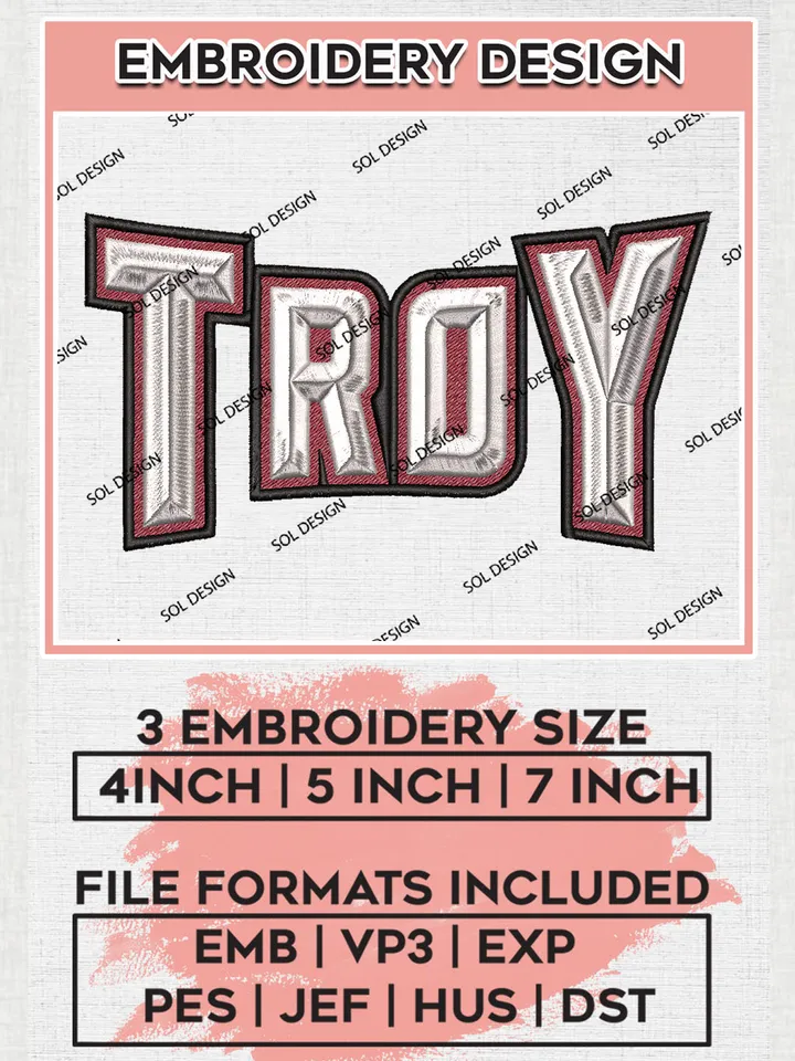 NCAA Troy Football Team Word Logo Embroidery Design Files, NCAA Troy Trojans Machine Embroidery, NCAA Teams, Game Day, 3 sizes, NCAA Machine embroidery designs, Digital Download
