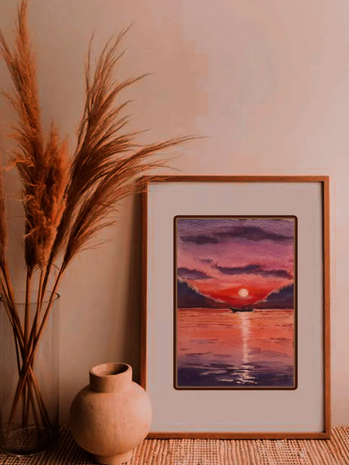 Watercolor painting On the Sunset. Sea voyages watercolor series