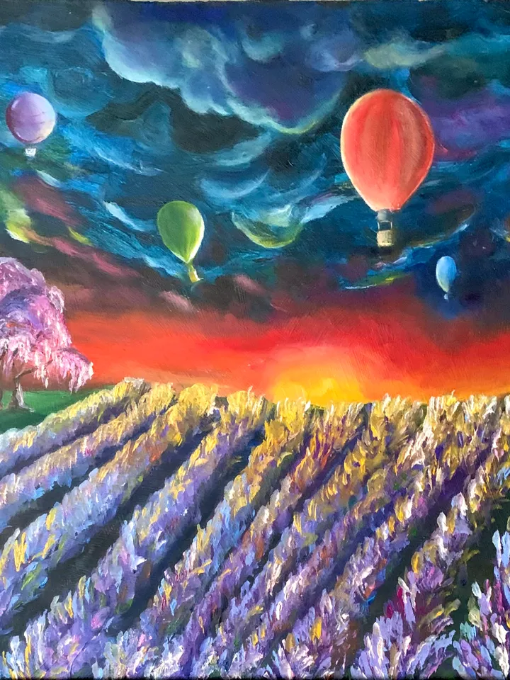 Lavender field balloons sunset bright picture in the interior original oil painting