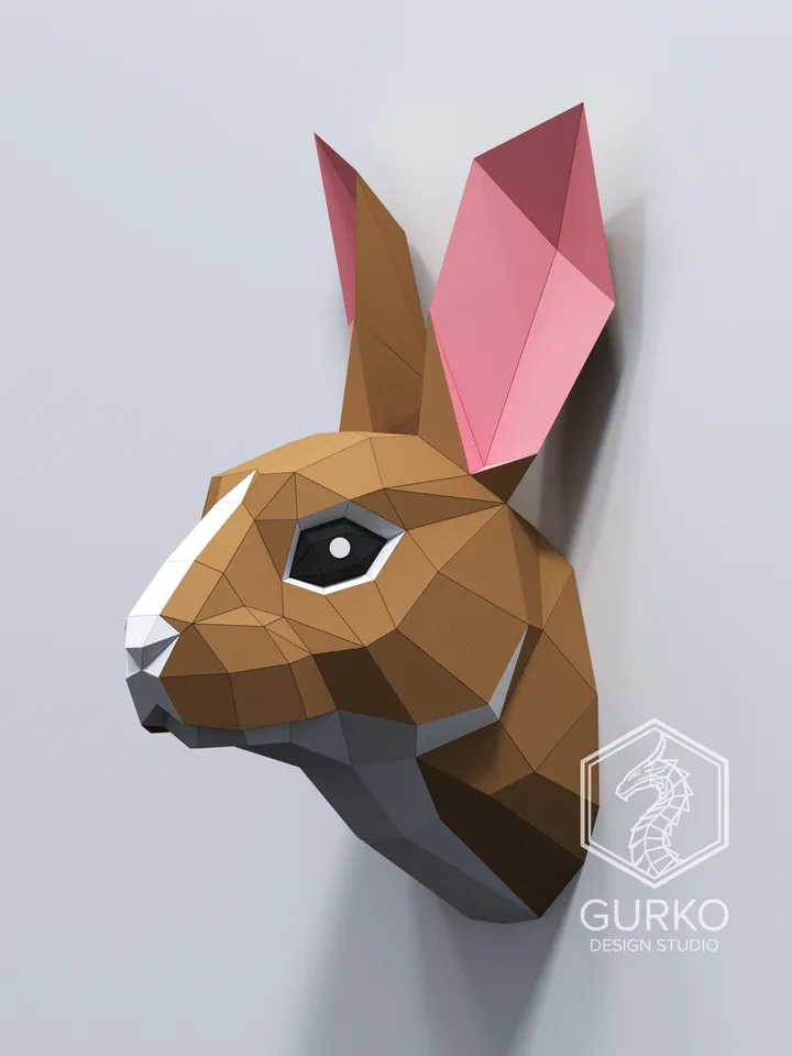Rabbit Head Papercraft, Hare, Digital Template, PDF Download, Gurko, Trophy, 3D Low Poly, Pepakura, DIY Origami, Paper Decor, DIY Gift