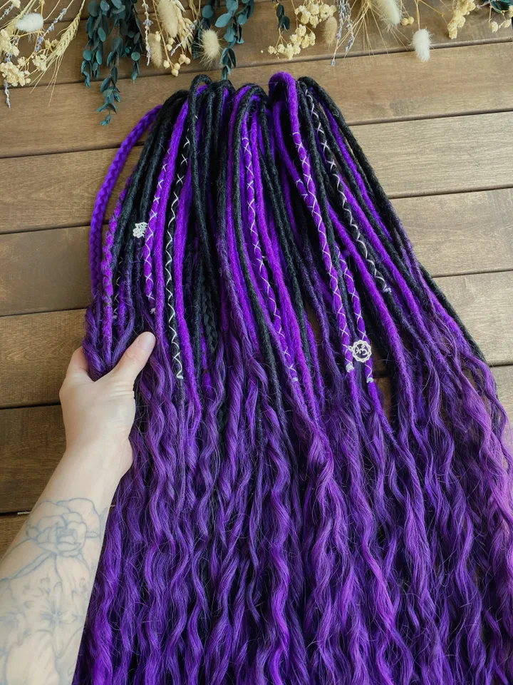 Black and purple Synthetic Double Ended Dreadlocks with curly ends, Ready to ship