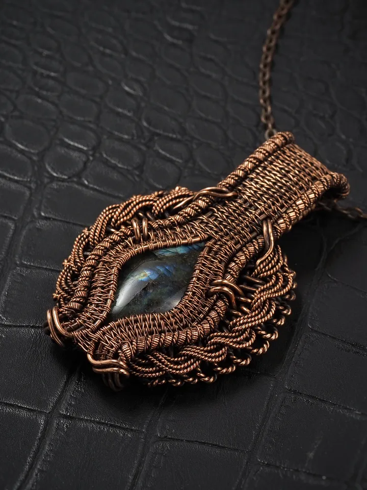 Labradorite pendant for women Wire wrap copper necklace Handmade artisan jewelry