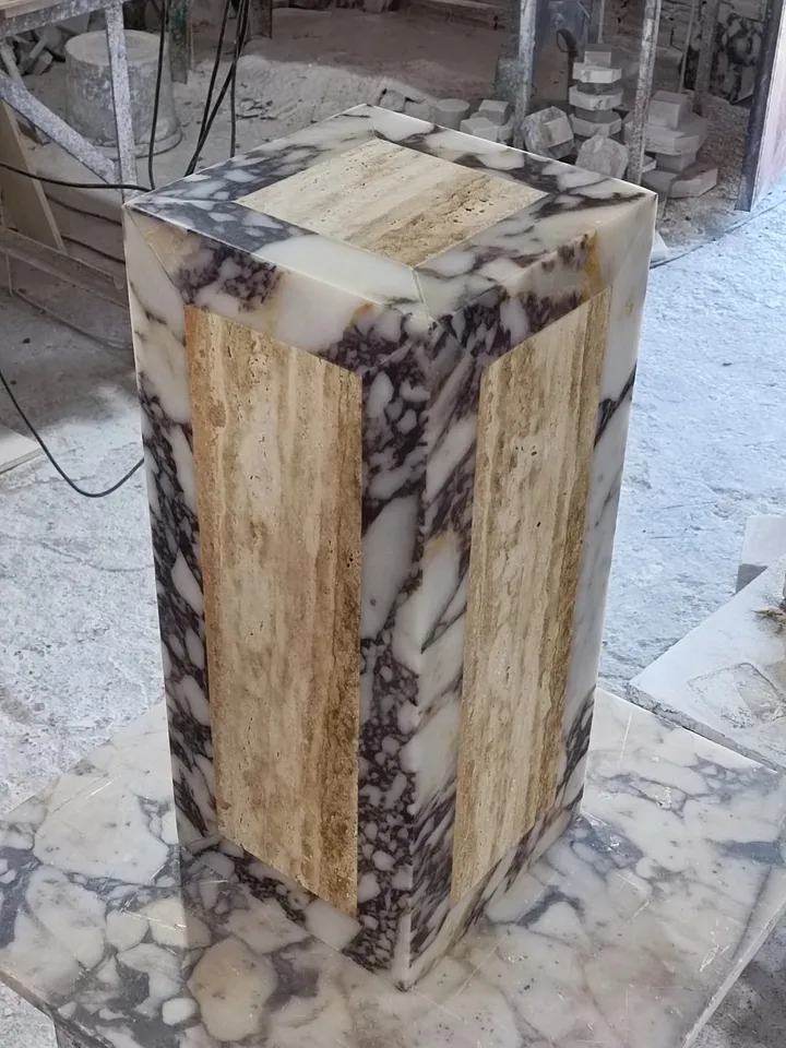 Calacatta Viola Marble and Travertine double color side table, end table, italian marble 100% handmade, cube marble, calacatta plinth