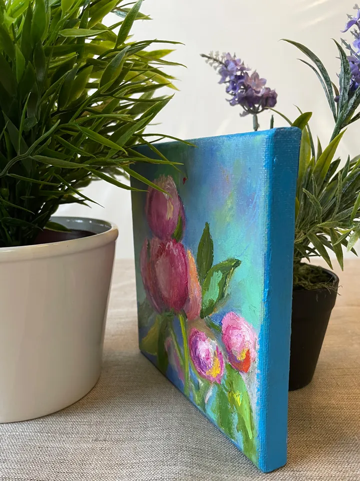 Peony oil painting on canvas, Small flower painting, Floral art