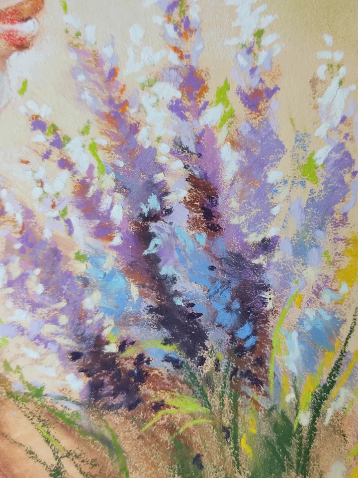 A Girl with a Bouquet of Lavender. Original soft pastel drawing.