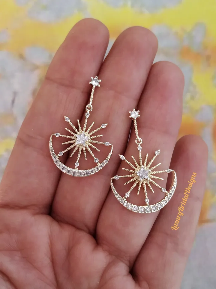 Rose Gold Moon and Star Hoop Wedding Earrings, Celestial Boho Bridal Earrings, Bridesmaid Gift, Dangle Earrings Bohemian Jewelry, Jewellery