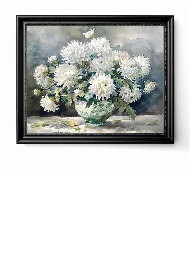 Bouquet of white chrysanthemum in a vase watercolor drawing, digital illustration, digital painting , wall art decoration. AI