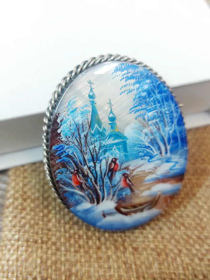 Mother-of-pearl Russian brooch "Russian Winter", Miniature hand-painted, Russian fine art jewelry, Аbalone shell. Russia gift for woman. Pin