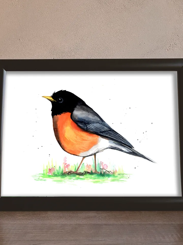 Robin original watercolor, bird on the grass painting, bird portrait room decor, 8x11 in wall art for bird lovers handmade by Anne Gorywine