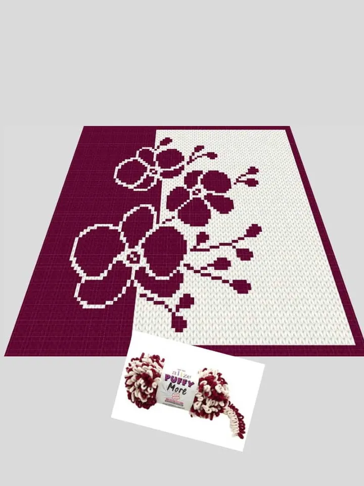 Loop yarn Finger knitted Orchid Flowers blanket pattern