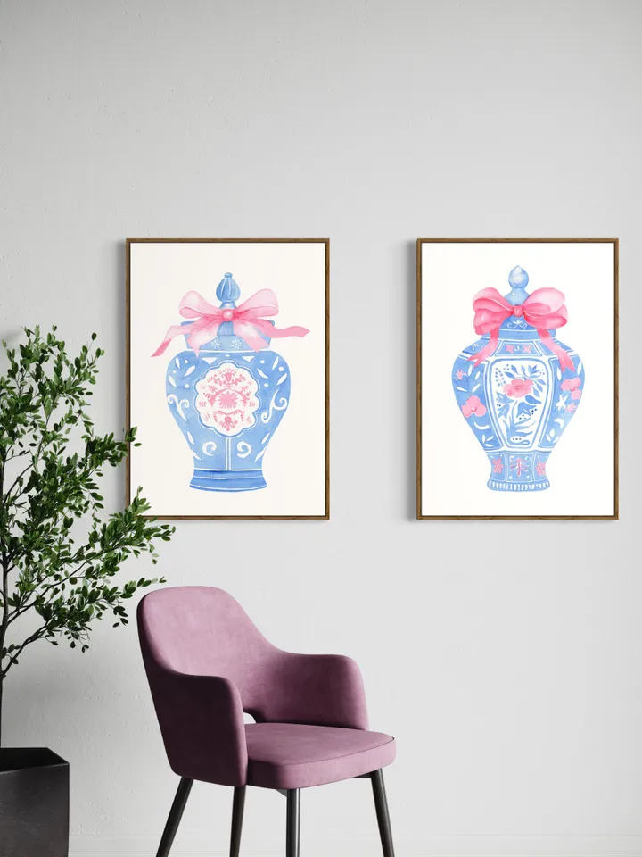 Blue Chinoiserie Vase,Digital Download, Set Of 2, Watercolor Painting With Pink Bow, Pink Ginger Jar, Blue And White Vase