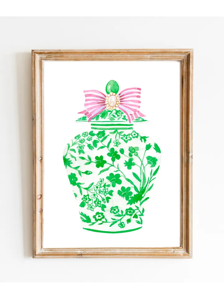 Green Chinoiserie Ginger Jar Vase, Porcelain Wall Art Print, Green Ginger Jar, China Vase Print, Pink And Green Decor Print