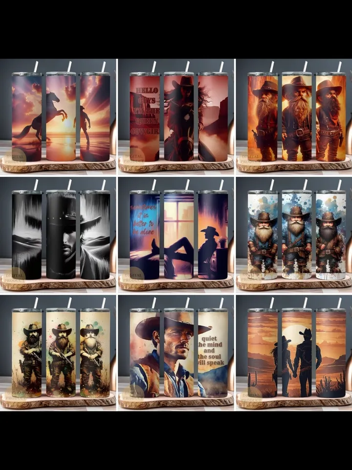 10 Western Cowboy 20 Oz Tumbler Wraps png Bundle, Cowboy and Cowgirl Sublimation Bundle Tumbler Designs png, Cowboy Gnomes Tumbler Wrap png