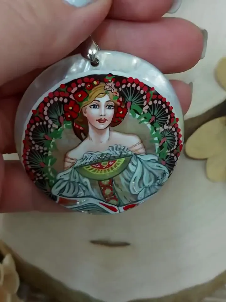 Pendant Alphonse Mucha Topaz Mother-of-pearl Hand-painted Russian jewelry magic of painting fine art jewelry Art gift Fedoskino Collectible
