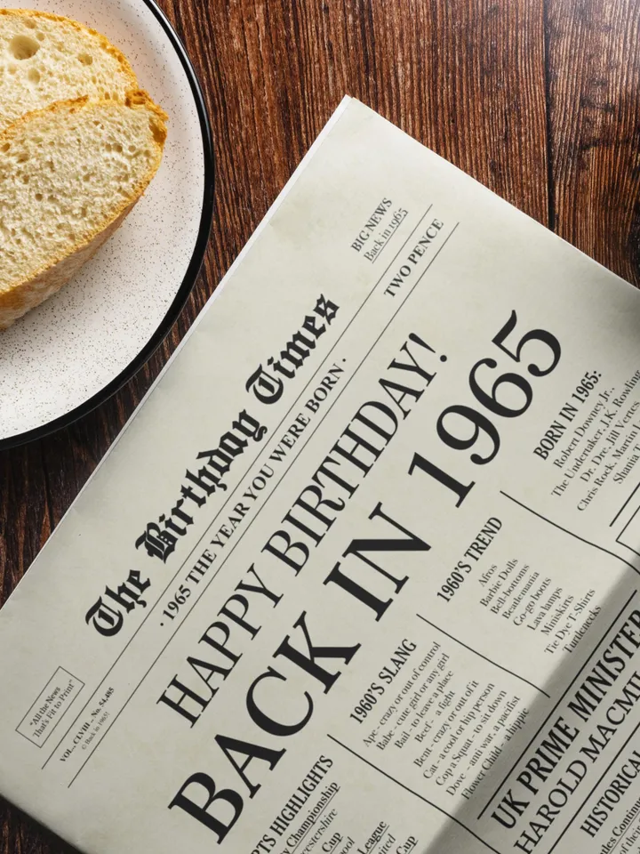 60th Birthday Newspaper Poster, Born in 1965, Back in 1965 UK Sign, 60 Years Ago Printable Decor, 60th Party Digital Gift