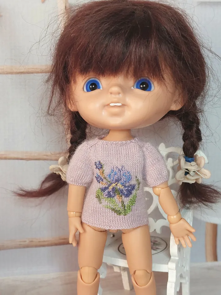 Miniature knitted clothes for doll 4 inches with micro embroidery