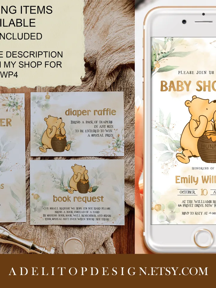 Classic Winnie Pooh Baby Shower Invitation; Girl Baby Shower Template; Gentle Rose Baby Shower Invite; Honey Bear Invite; Winnie Templat