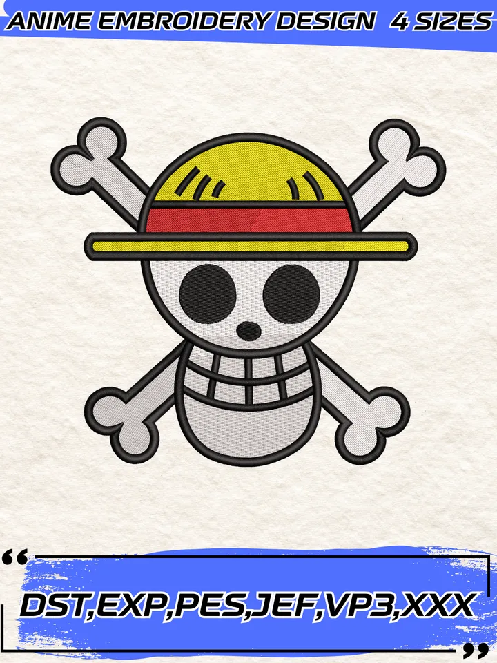 Luffy Jolly Roger Embroidery Design,One Piece Anime Embroidery Design,4 Sizes,Instant Download