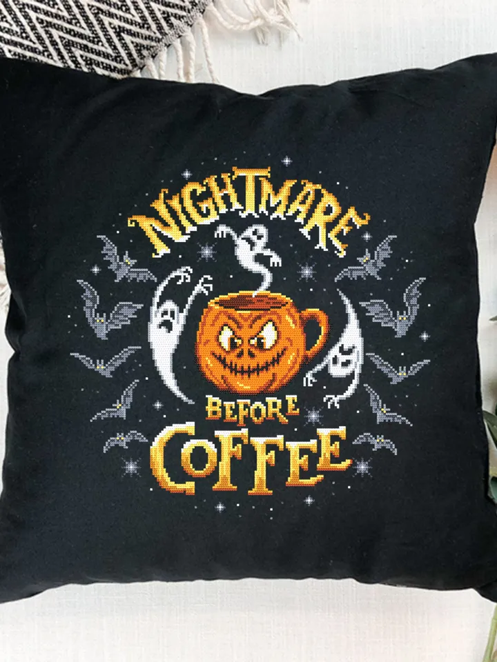 Nightmare before coffee cross stitch pattern download PDF, Halloween coffee mug cross stitch, Scary ghost, Halloween pumpkin embroidery #H42