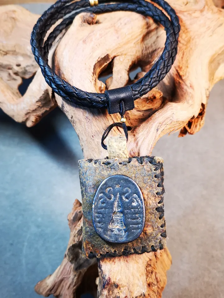 Gandhanra Antique Amulet Pendant,Stupa / Pagoda Tsa Tsa Mold on leather Sachet