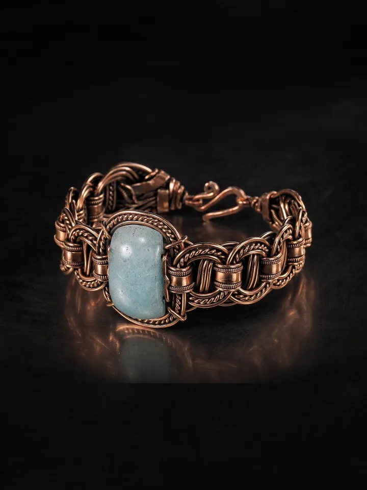Copper wire wrapped aquamarine bracelet Unique bangle 7th Wedding Anniversary