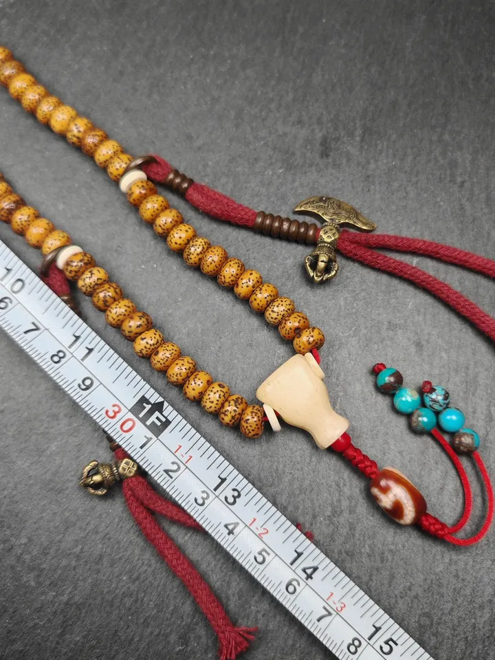 Authentic Tibetan Prayer Beads, Old 8+mm 108 Lotus Seed Mala Necklace - Handcrafted Tibetan Rosary with Unique Mix of Treasures