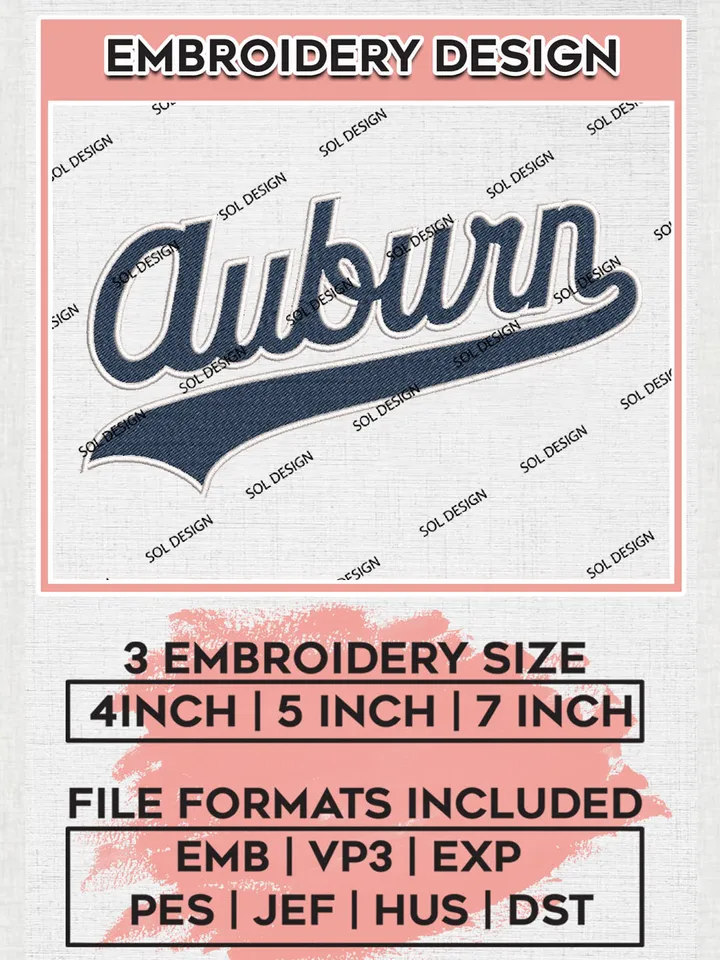 NCAA Auburn College Team Word Logo Embroidery Design Files, NCAA Auburn Tigers Machine Embroidery, NCAA Teams, 3 sizes, NCAA Machine embroidery designs, Digital Download