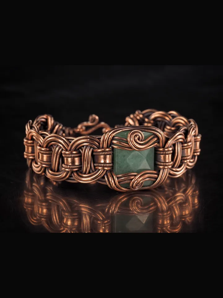 Copper wire wrapped chalcedony bracelet Unique woven copper wire bangle