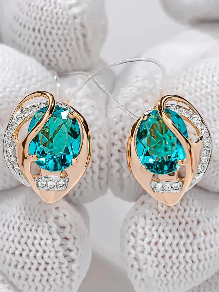 Earrings made of 925 silver (585 gold coating) with paraiba and white cubic zirconia