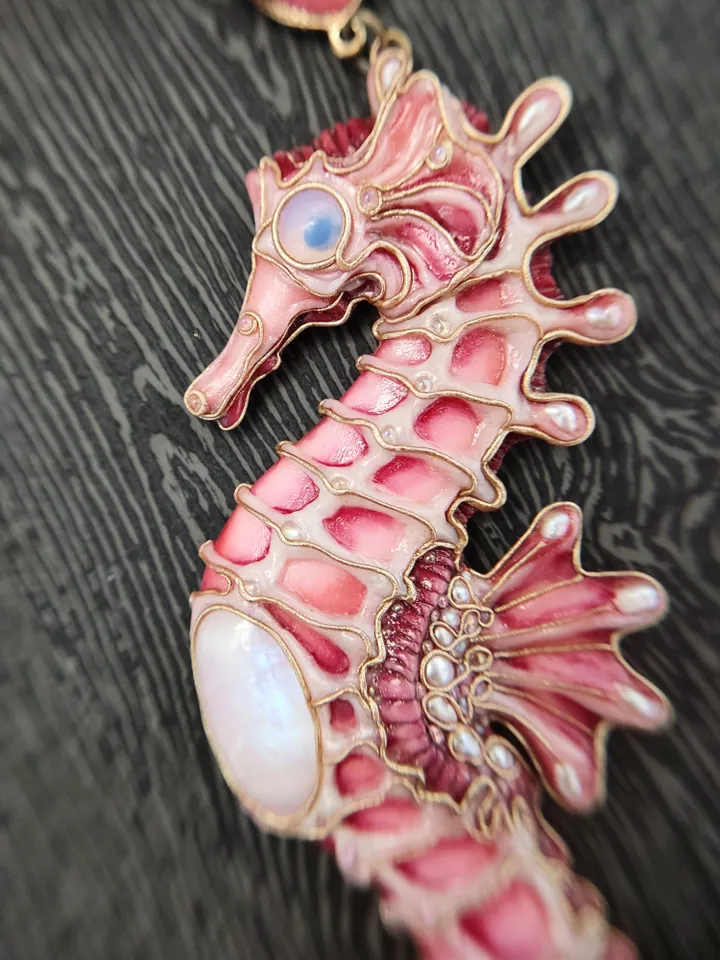 Seahorse necklace, Pink Seahorse, Pearl necklace, Seahorse jewelry