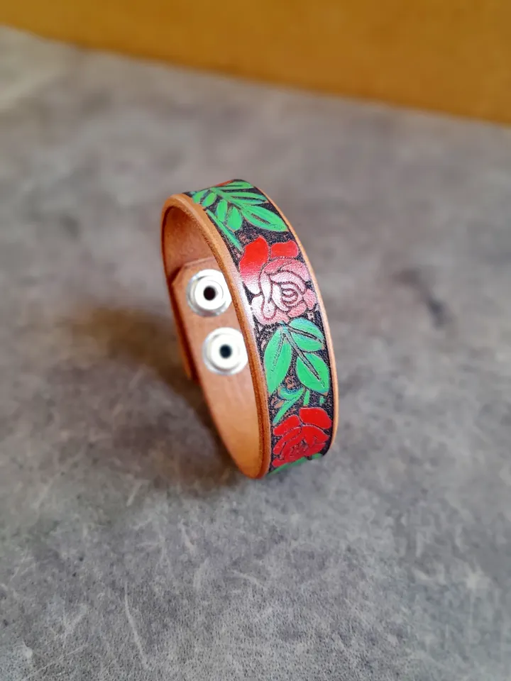 Hand Painted Red Rose Vine Leather Cuff Bracelet, Rose Floral Leather, Personalized Rose Bracelet, Gift for Daughter, Plant Lover Gift Idea