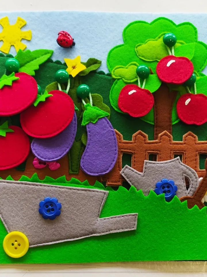 Garden Quiet book pattern, Felt book pattern, Felt vegetable pattern for kids, Soft montessori book sewing ideas for toddler