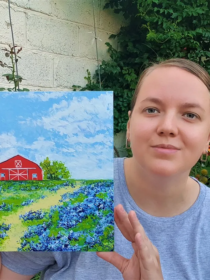 Red Barn Painting Bluebonnet Original Art Floral Wall Art Landscape Artwork