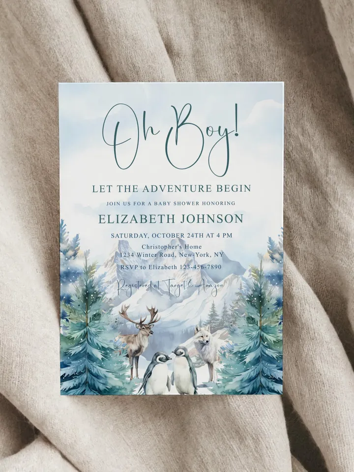 Editable Let the Adventure Begin, Woodland Baby Shower Invitation , Boy Adventure Baby Shower Invite, Forest Baby Shower - i125