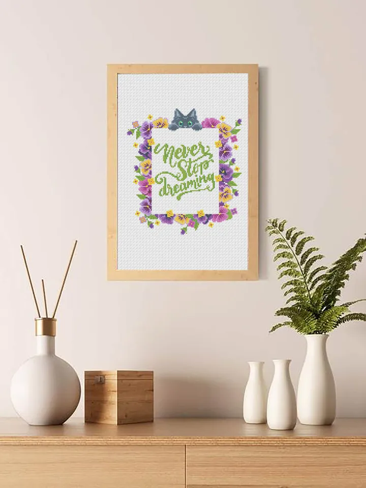 Floral frame cross stitch pattern PDF download Never stop dreaming quotes cross stitch chart, Flower border pattern digital PDF Pansy #Q18