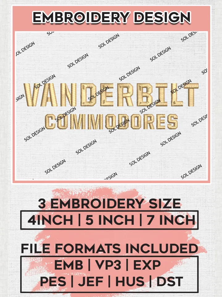 NCAA Vanderbilt Commodores Team Wordmark Logo Embroidery Design Files, NCAA Vanderbilt Commodores Machine Embroidery, NCAA Teams, 3 sizes, NCAA Machine embroidery designs, Digital Download